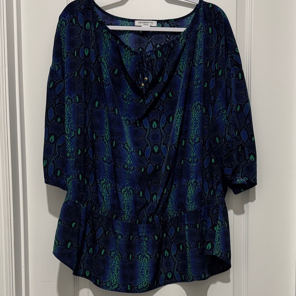 Liz Claiborne Blue Green Black Reptile Print Blouse 1x